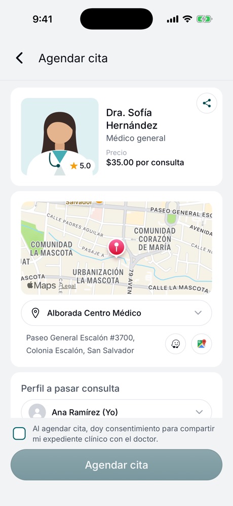 Perfil de un doctor en la app